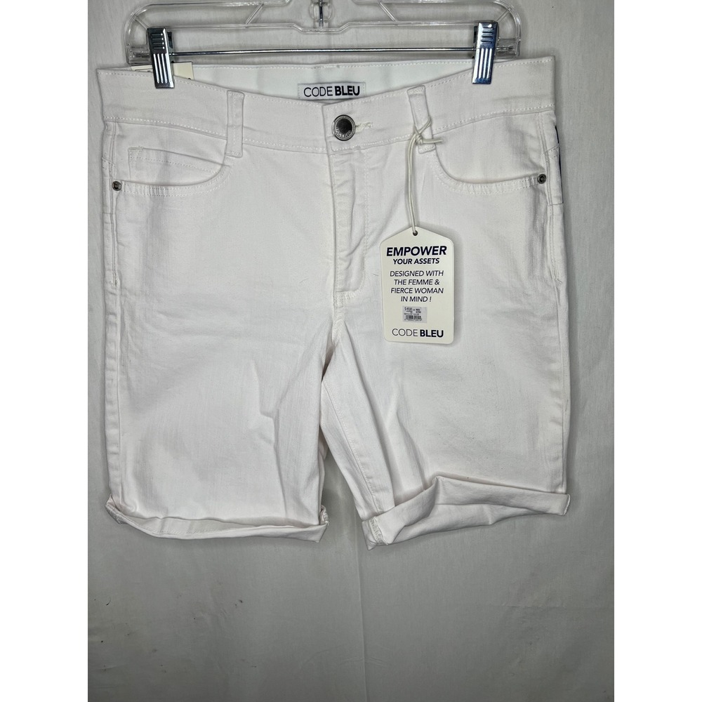 Code Bleu Womens Body Sculpt Bermuda Shorts White Denim Cuffed Size 10 NEW